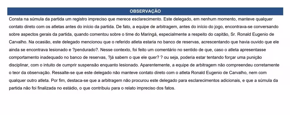O trecho do delegado na súmula de Maringá x Botafogo-PB • Reprodução