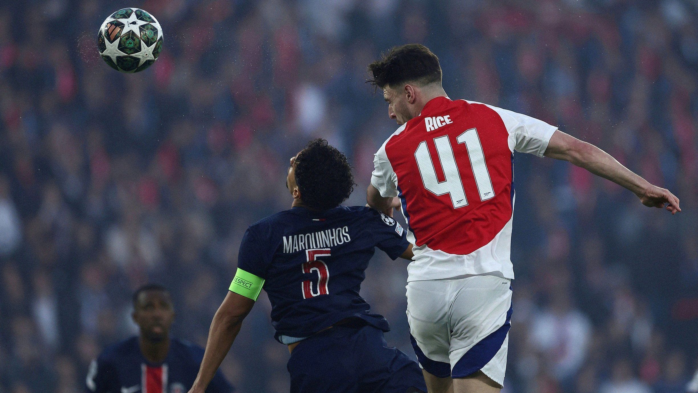Marquinhos e Rice em PSG x Arsenal na Champions League