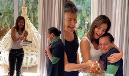 Rodrigo Faro e Vera Viel surpreendem funcionária em aniversário