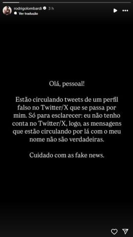 Ator explicou que conta com seu nome na rede social X é falsa • Instagram/Rodrigo Lombardi