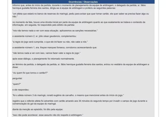 O trecho da súmula de Maringá x Botafogo-PB • Reprodução