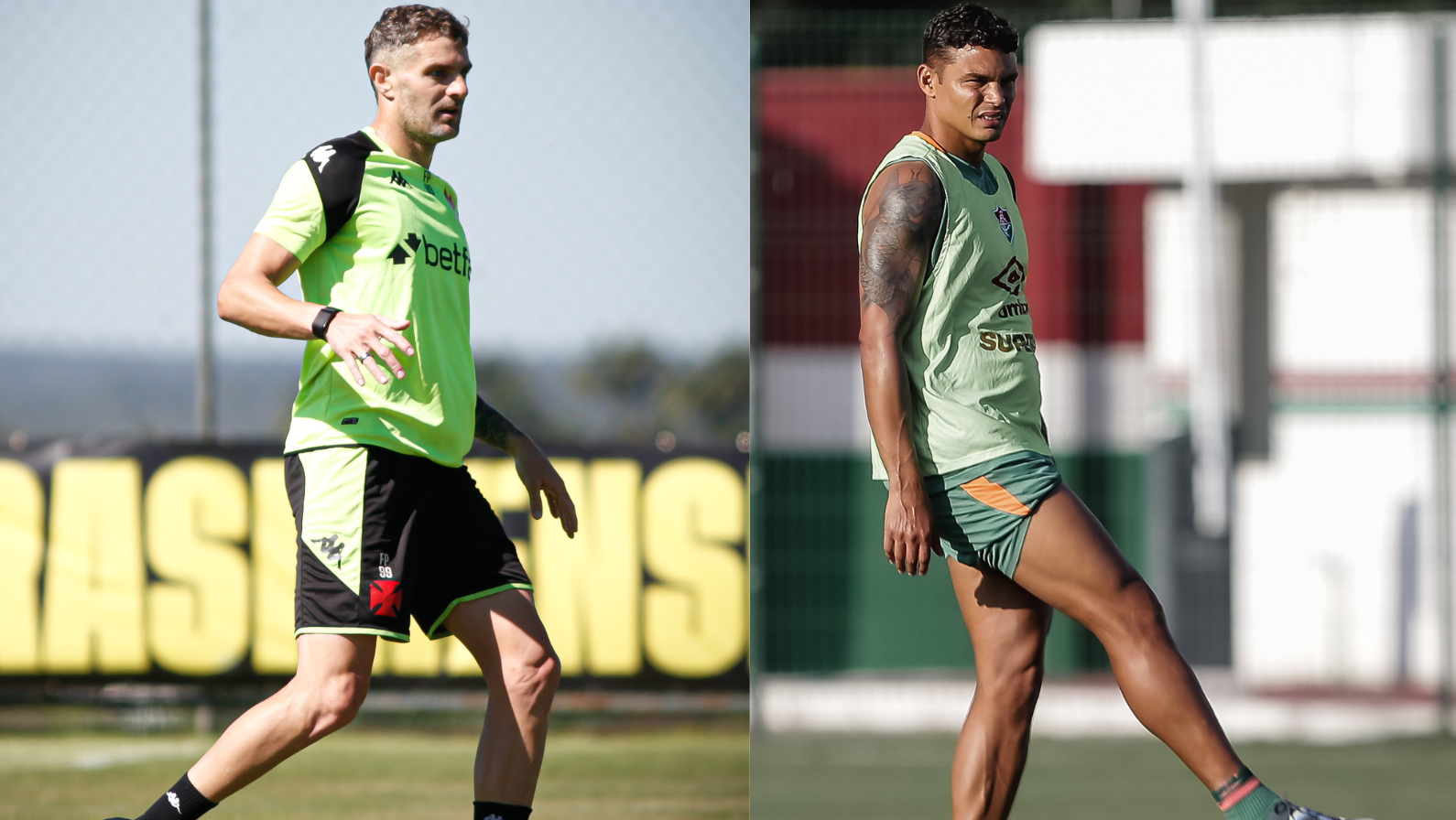 Vegetti e Thiago Silva em treinamentos do Vasco e Fluminense