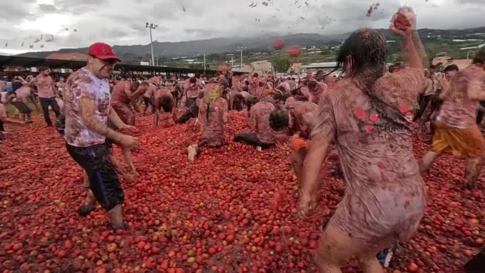 Tomatoes flow through the air in Colombian Tomatina fest