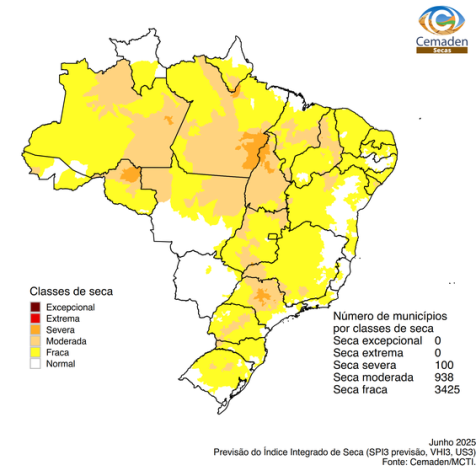 Índice Integrado de Seca (IIS3): previsão para junho de 2025 • Reprodução/Cemaden