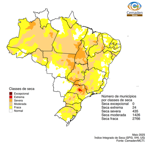 Média municipal do Índice Integrado de Seca (IIS3) para maio de 2025 • Reprodução/Cemaden