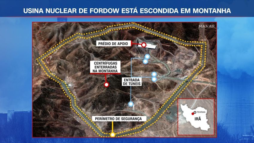 Arte mostra a Usina de Enriquecimento de Combustível Fordow, no Irã • Reprodução / CNN