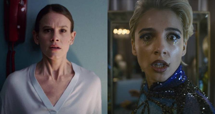 O primeiro filme da franquia foi lançado em 2022, com Sosie Bacon como protagonista (à esq.)/Naomi Scott protagoniza "Sorria 2" • Reprodução/Paramount