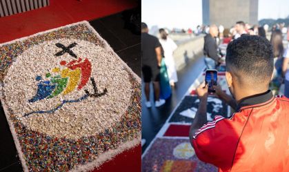 No Corcovado, tapete de Corpus Christi vira arte com tampinhas plásticas