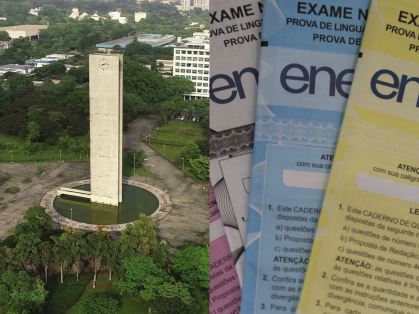 Praça do Relógio, na USP, e cadernos de questões do Enem