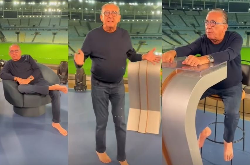 Galvão Bueno surge descalço no Maracanã em teste para seu programa desta segunda-feira