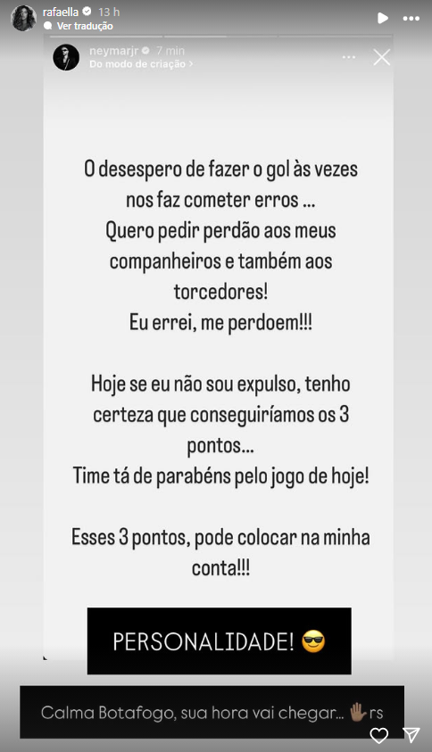 Irmã de Neymar comenta post sobre derrota do Santos para o Botafogo • Reprodução / Instagram