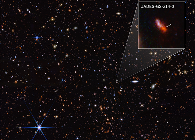 Foto mais distante, e mais antiga, tirada pelo Telescópio Espacial James Webb: galáxia JADES GS-z14 • NASA, ESA, CSA, STScI, Brant Robertson (UC Santa Cruz), Ben Johnson (CfA), Sandro Tacchella (Cambridge), Phill Cargile (CfA)