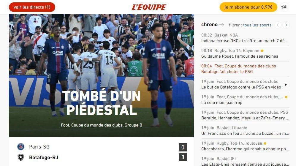 O L'Équipe declarou "Caiu de um pedestal"
