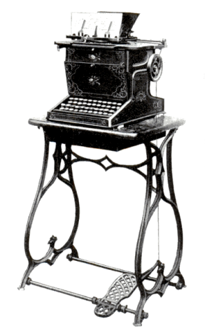 Máquina de escrever Sholes and Glidden produzida por E. Remington and Sons • Autor desconhecido/Wikimedia Commons