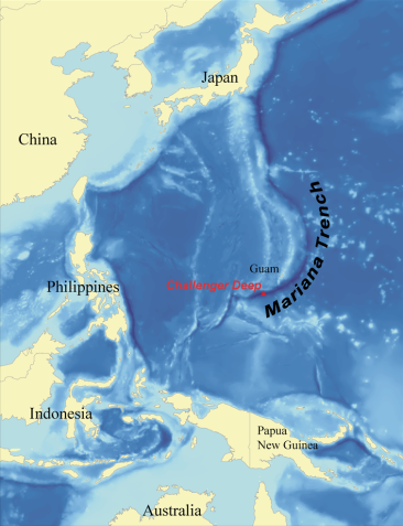 O mapa apresenta a localização exata da Fossa das Marianas • Wikimedia Commons/NOAA
