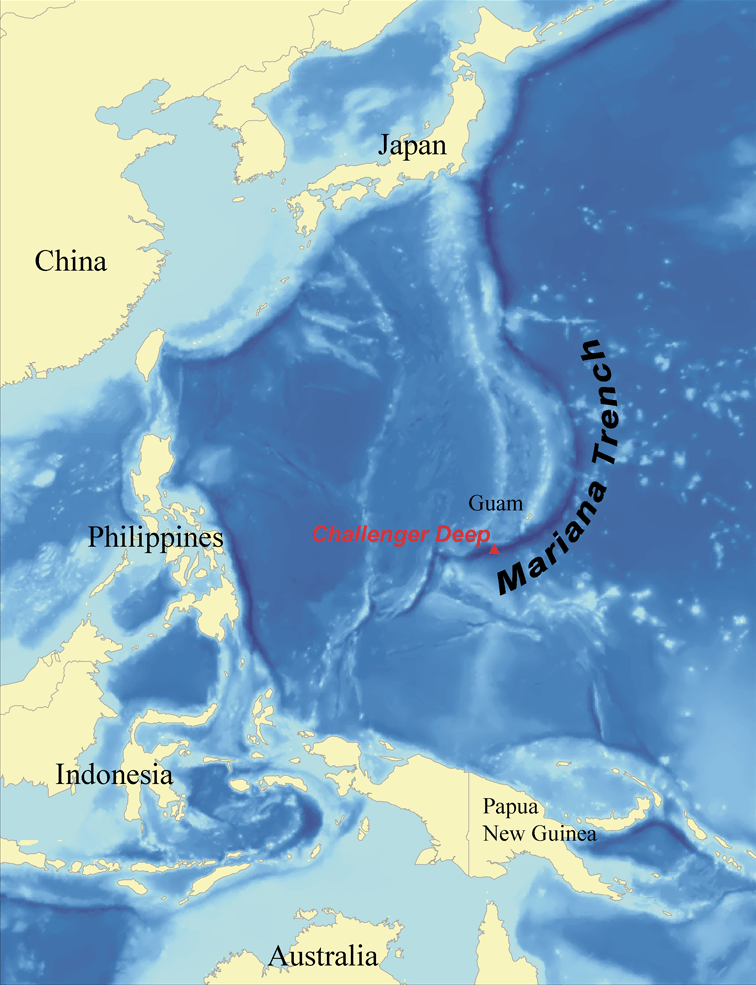 O mapa apresenta a localização exata da Fossa das Marianas.
