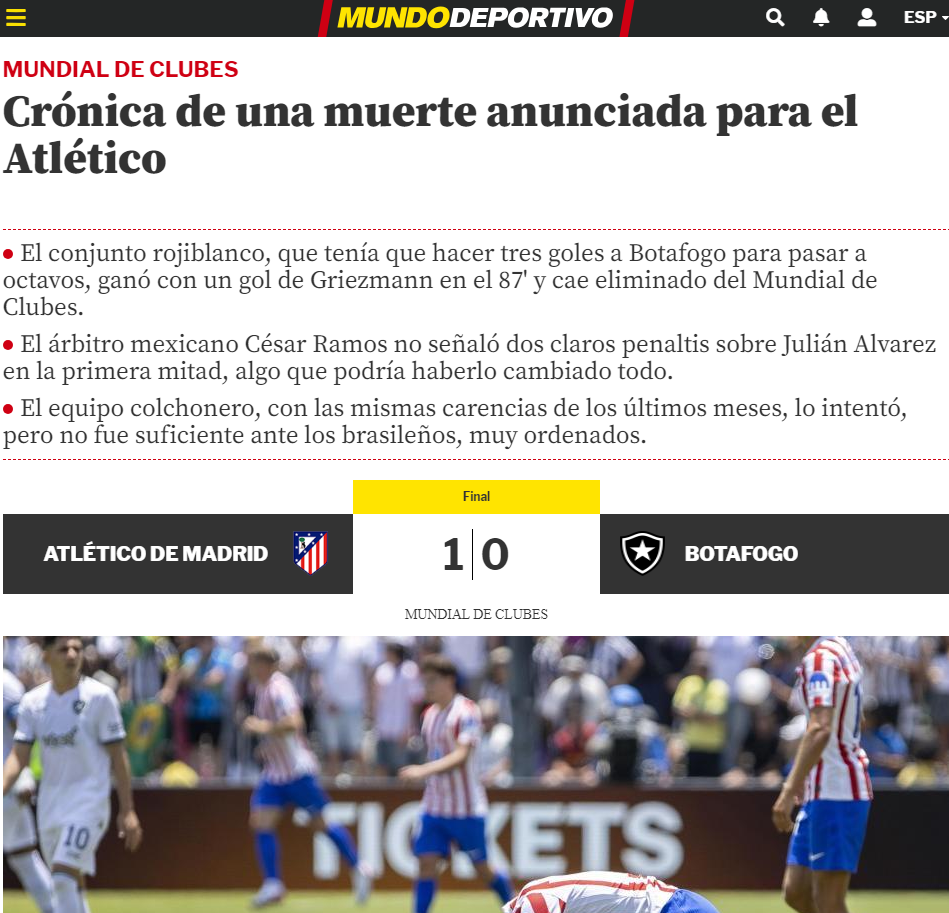 Mundo Deportivo trata como morte anunciada eliminação do Atlético de Madrid