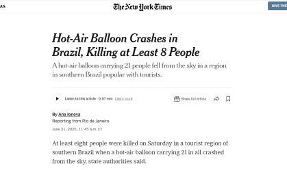 Imprensa internacional repercute acidente de balão em SC