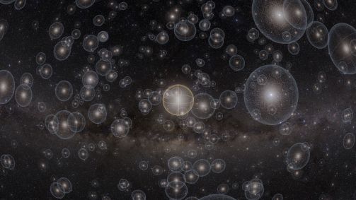 A Nuvem de Oort, uma extensão de corpos gelados nos confins do nosso sistema solar, é mostrada aqui em uma cena de "Encontros na Via Láctea", um show no Planetário Hayden da cidade de Nova York que gerou uma descoberta acidental sobre o formato da nuvem