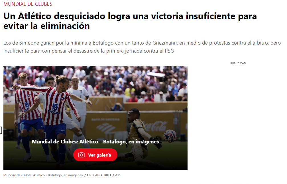 Sport, da Espanha, repercute eliminação do Atlético de Madrid
