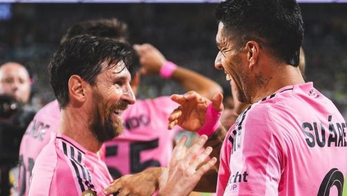 Lionel Messi e Luis Suárez celebram gol do Inter Miami contra o Palmeiras