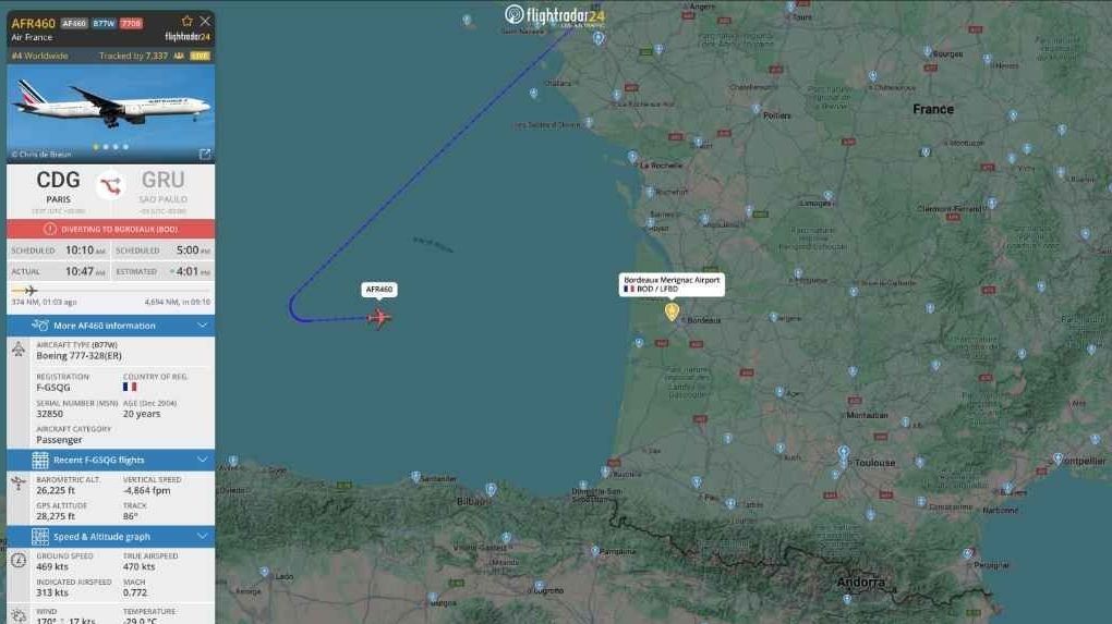 Voo AF460, origem Paris (CDG) e destino São Paulo (GRU)