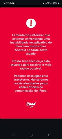 Ao tentar abrir o iFood, usuários se deparam com alerta de instabilidade • Reprodução
