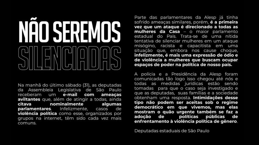 Deputadas de São Paulo recebem ameaças de morte e estupro por e-mail • Reprodução/Redes Sociais
