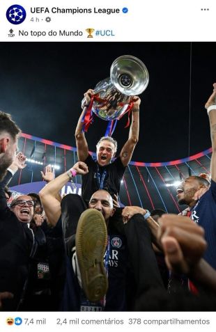 Publicação do perfil da Champions League exalta PSG: "No topo do mundo" • Reprodução/Facebook