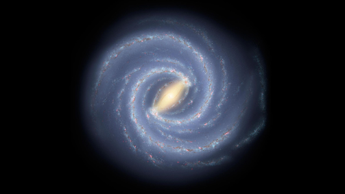 Uma concepção artística retrata a Via Láctea e sua forma espiral. Nosso sistema solar está localizado em um dos braços espirais