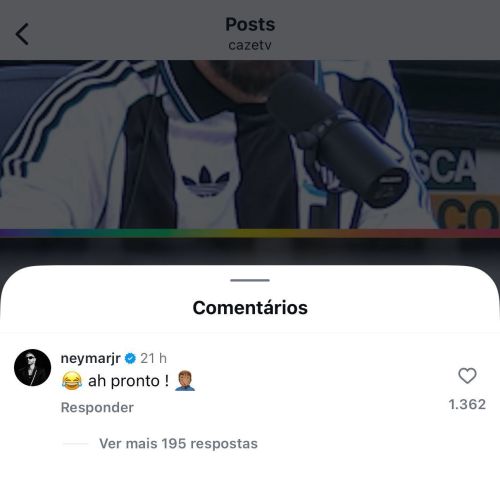 Neymar deixou comentário irônico em postagem com declaração de Luiz Henrique • Reprodução/Instagram CazéTV