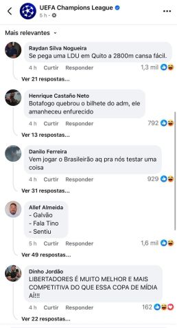 Brazilians countered publication of the official Champions League profile • Reproduction/Facebook