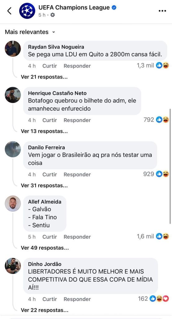 Brasileiros rebateram publicação do perfil oficial da Champions League