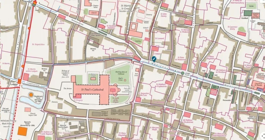 O projeto Medieval Murder Maps coleta casos de homicídio e outras mortes repentinas ou suspeitas em Londres, Oxford e York no século XIV, incluindo o local do assassinato de John Forde, um padre • Mapas de assassinatos medievais/Instituto de Criminologia da Universidade de Cambridge/Fundo de Cidades Históricas