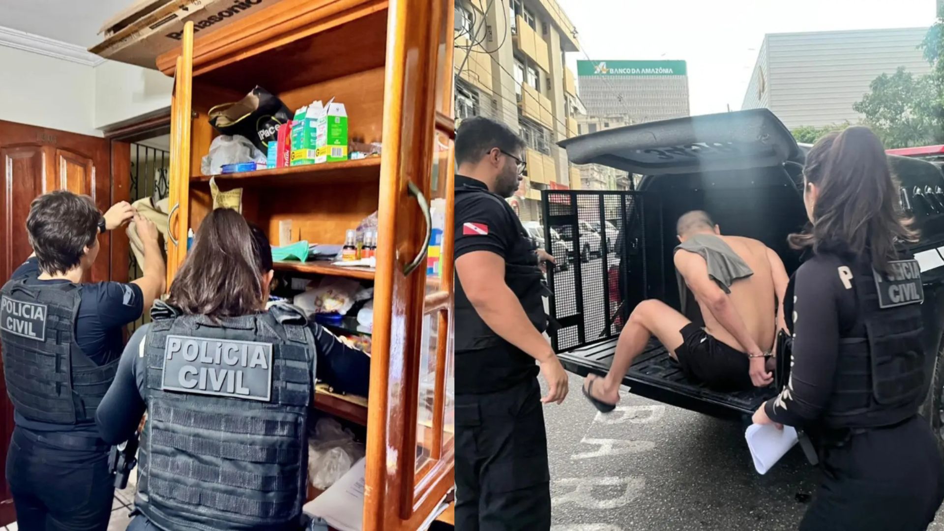 Imagem da esquerda mostra os polícias civis mexendo em armário; imagem da direita mostra o homem acusado sendo levado por policiais no camburão do carro da polícia