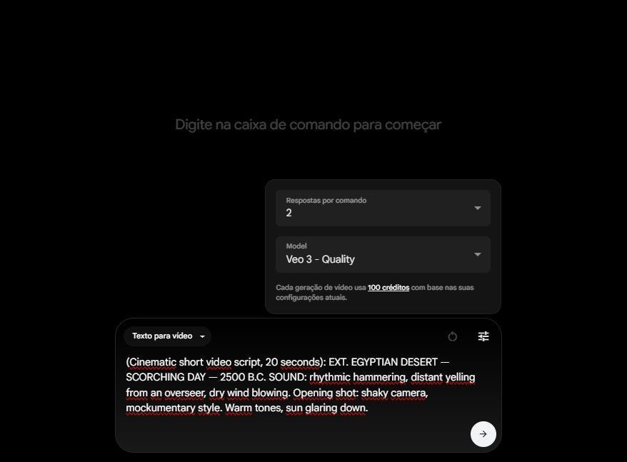 A captura de tela apresenta o Flow, ferramenta que permite editar vídeos criados por IA no Veo 3.