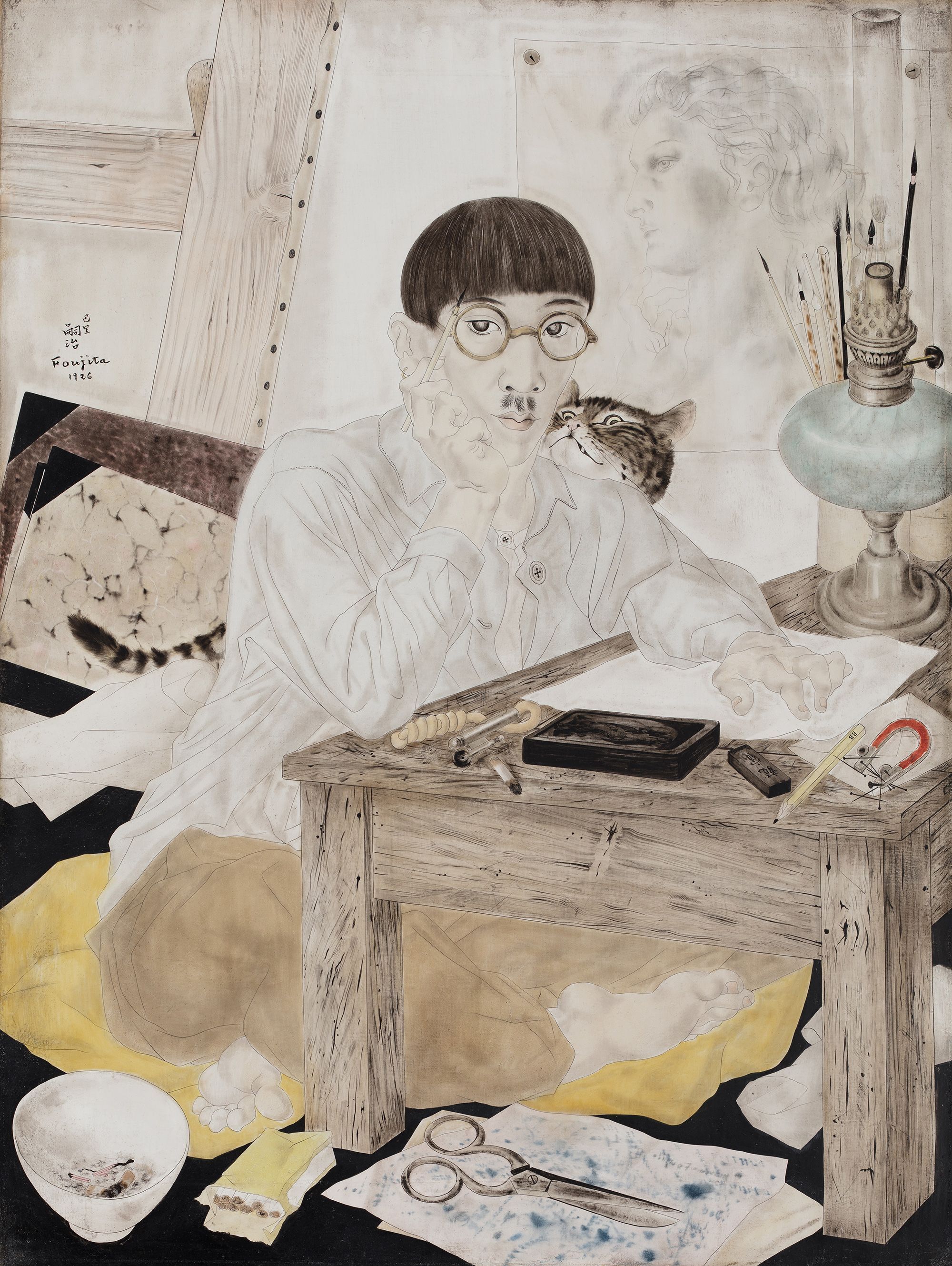O "Autorretrato com Gato" de Foujita Tsuguharu funde influências artísticas ocidentais com as linhas das pinturas a tinta japonesas "sumi-e" • Martial Couderette/Courtesy National Gallery Singapore via CNN Newsource