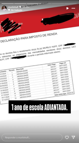 Murilo Huff mostrou os gastos que tem com o filho em meio a disputa judicial para obter a guarda unilateral do menino • Instagram/Murilo Huff