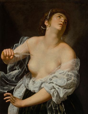 A representação de Gentileschi da figura trágica e lendária de Lucrécia — cujo estupro e suicídio teriam incitado a rebelião que estabeleceu a República Romana — quebrou recordes de leilão em 2019. Era uma obra recém-redescoberta do artista na época. • O Museu J. Paul Getty