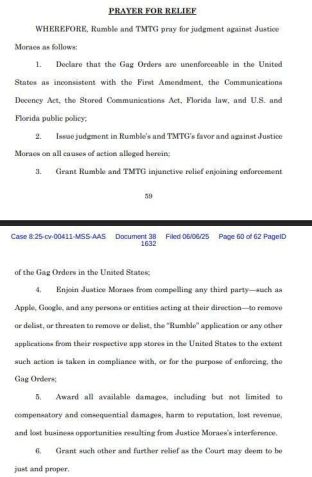 Pedidos feitos pela defesa da Trump Media e da Rumble na ação apresentada • Reprodução