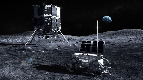 A representação artística acima mostra o módulo lunar e o rover Ispace Resilience na Lua. O Resilience tentará pousar na região lunar de Mare Frigoris na quinta-feira (5)