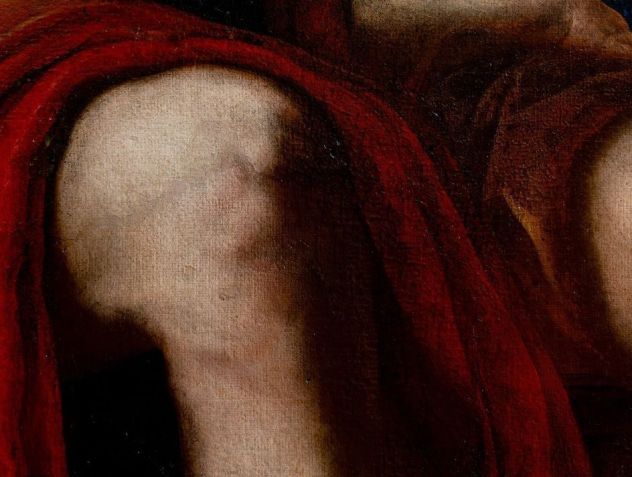 Joelho de Hércules após tratamentos de conservação. Embora o dano tenha sido reparado, Birkmaier diz que a pintura sempre guardará "algumas cicatrizes" • Cassia Davis/J. Paul Getty Trust