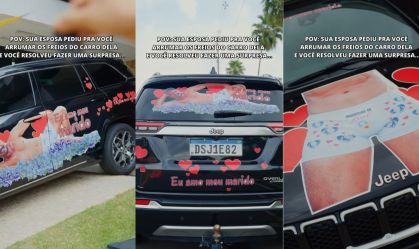 Julio Rocha estampa carro da esposa com fotos de cueca: "Ama o suficiente?"