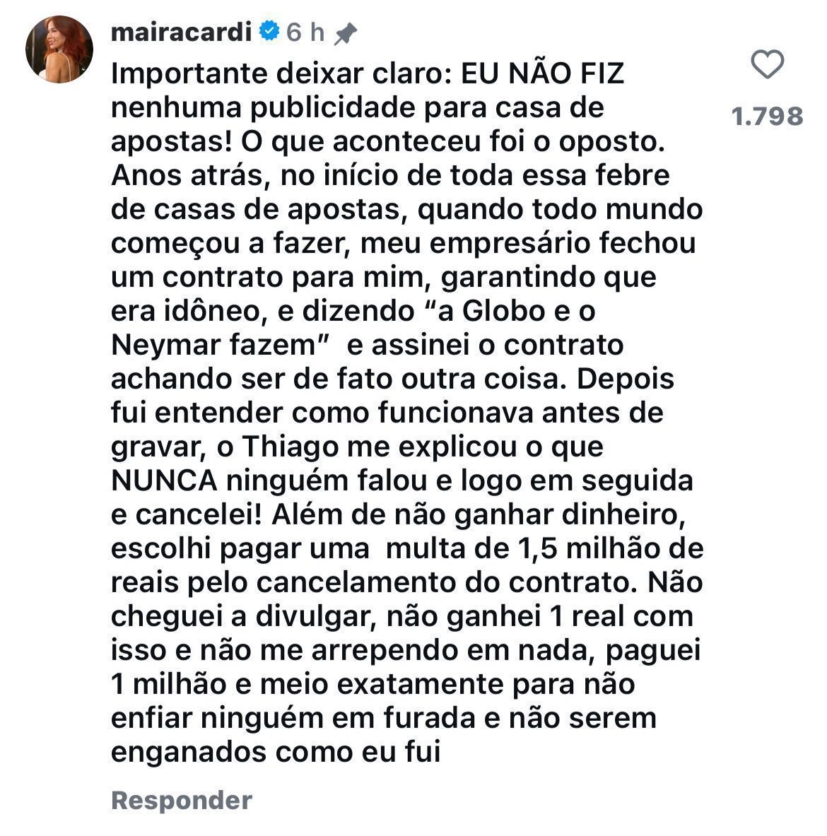 Maíra Cardi falou que desembolsou mais de R$1 milhão após desistir de contrato com casa de aposta • Reprodução/Instagram