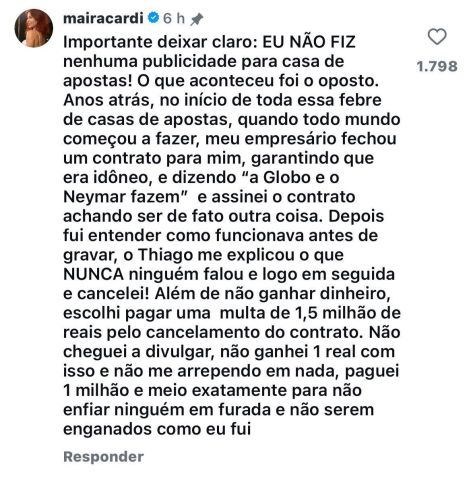 Maíra Cardi falou que desembolsou mais de R$1 milhão após desistir de contrato com casa de aposta • Reprodução/Instagram