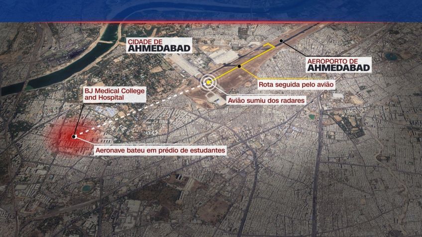 Trajeto do avião da Air India que caiu • Arte/CNN