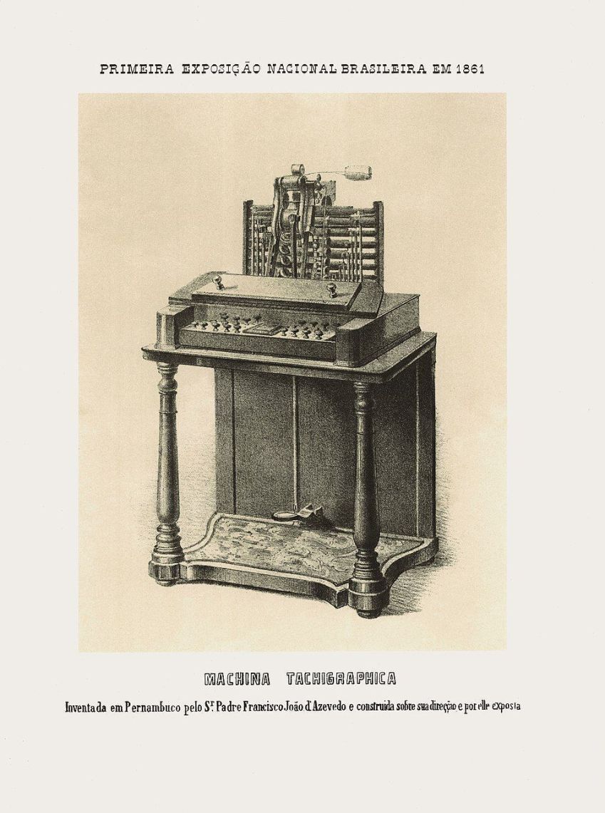 Ilustração da máquina de escrever criada por Francisco João de Azevedo em 1861 • Instituto Artístico de Fleiuss Irmãos & Linde/Wikimedia Commons