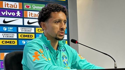 Marquinhos durante coletiva de imprensa após o primeiro treino da Seleção sob o comando de Ancelotti