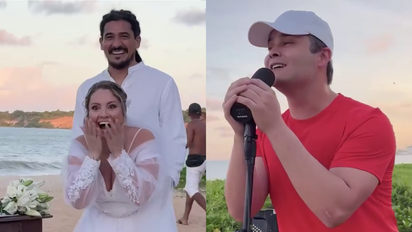 Matheus "invadiu" a banda e cantou a música "O Nosso Santo Bateu", emocionando os noivos