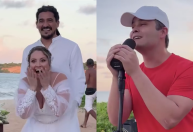 Matheus, dupla de Kauan, "invade" casamento na praia e canta para os noivos